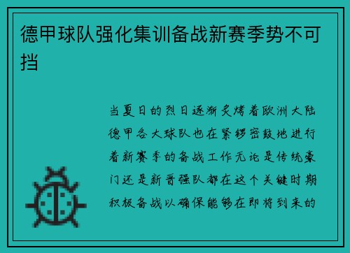 德甲球队强化集训备战新赛季势不可挡
