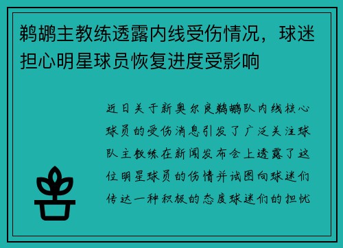 鹈鹕主教练透露内线受伤情况，球迷担心明星球员恢复进度受影响